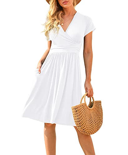 Lilbetter Women's Summer Casual Short Sleeve V-Neck Short Party Dress With Pockets White Large #TOP10