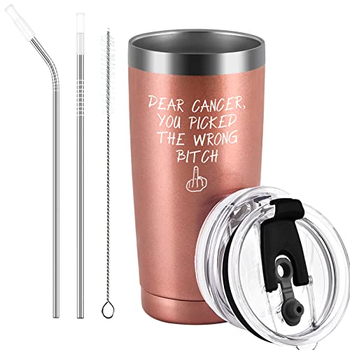 Qtencas Cancer Gifts For Women-Dear Cancer You Picked The Wrong B Stainless Steel Insulated Travel Tumbler, Breast Cancer Survivor Gifts For Women Chemo Patient, Cancer Suck Gifts(20oz, Rose Gold)