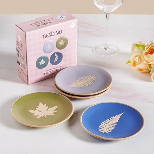 Image of Nestasia Ceramic Round Snack Plate Set of 4 (15cm Each) - Leaf Embossed Small Plates for Serving Snacks & Desserts | Microwave & Dishwasher Safe (Olive Green, Purple, Blue & Sky Blue)