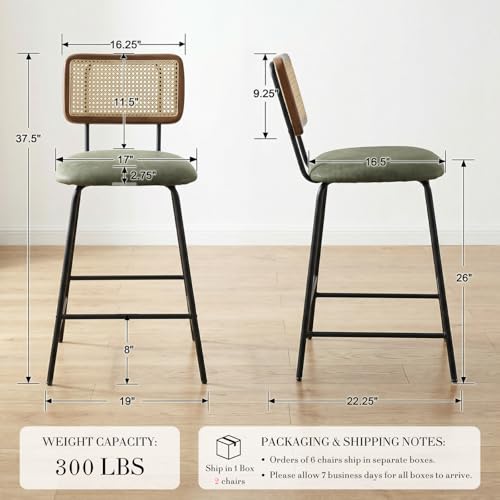 Image of Bar Stools Set of 2, 26 inch Modern Rattan Counter Height Bar Stools with Metal Legs, Upholstered Faux Leather Barstools with Cane Backrest for Kitchen Island Home Bar Restaurant, Green