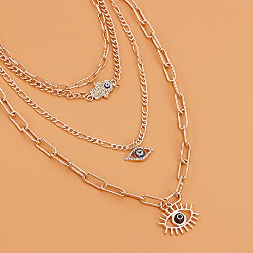 Evil Eye Multilayer Necklace Pharaoh's Hand Choker Necklaces Paper Clip Necklace Chain For Women (Evil Eye Layered Necklace) #TOP6