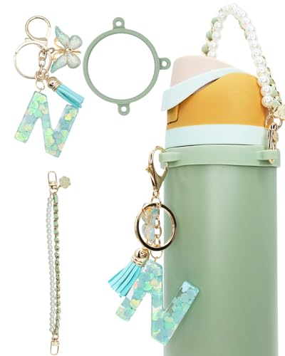 TOVICE Letter Accessories for Owala Water Bottle 24-40oz, 3PC Cute Initial Keychain & Water Bottle Handle Strap with a Thick Elastic Silicone Ring Holder (Mint Green, N)