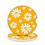 Car Cup Holder Coaster - Groovy White Sunflower Smiley Face Absorbent Ceramic Coaster,Yellow Drink Cup Holder Coasters, Auto Interior Accessories, Drink Cup Holder Coasters for Women & Men Pack of 2