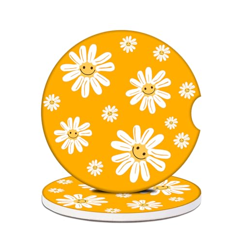Car Cup Holder Coaster - Groovy White Sunflower Smiley Face Absorbent Ceramic Coaster,Yellow Drink Cup Holder Coasters, Auto Interior Accessories, Drink Cup Holder Coasters for Women & Men Pack of 2
