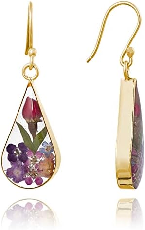 14k Gold Over Sterling Silver Multi Pressed Flower Teardrop Earrings