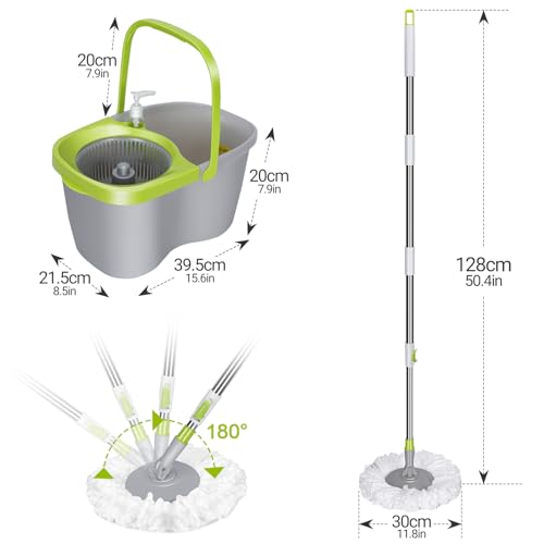 MASTERTOP Mop and Bucket with Wringer Set, Spin Mop Cleaning System with 3 Mop Pads,Spinning Mop Bucket for Floor Cleaning, 50.4\" Extended Handle