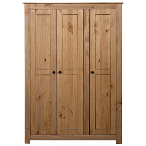 Bulufree Armário de 3 portas, 4 prateleiras e um compartimento grande com barra para pendurar, armário de madeira de pinho maciço, móveis de armazenamento para quarto, 118 x 50 x 171,5, natural