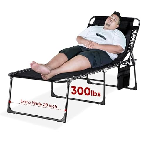 EZCHEER Oversized Folding Chaise Lounge Outdoor, 16-inch XL Extra High Patio Camping Sunbathing Tanning Recliner, Support 300lbs Lay Flat Outside Pool Beach Lawn Chair, Breathable, Black Cover