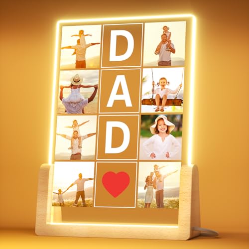 CustomKing Personalized Fathers-Day Gifts from Daughter or Son - Custom Picture Frames Birthday Gift for Dad, Customized Photo with LED Night Light