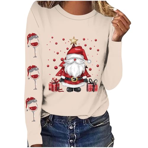 Weihnachtspullover Damen Langarmshirt Lustig Weihnachtsmann, Weihnachtsbaum Druck Weihnachts Sweatshirt Damen Weihnachten Shirt Rundhals Weihnachtsbluse Elegant T-Shirts Merry...