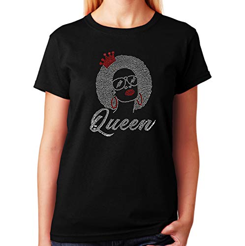 Women's/Unisex T-Shirt with Afro Queen in Rhinestones (Black Crew Neck, 3X)