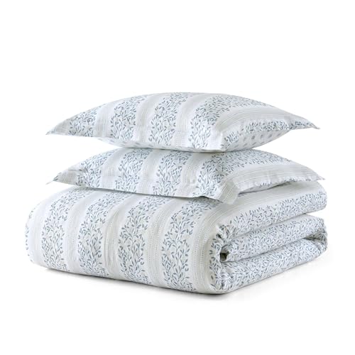 Image of Martha Stewart - Queen Comforter Set, 100% Silky Smooth Cotton Sateen Striped Bedding for Year Round Comfort, 3 Piece Bed Set with Matching Pillowcases (Verbena Stripe Blue)