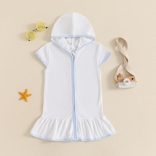 Image of Girls Terry Cloth Swim Cover Up Zip Up Hooded Bathing Suit Coverup Wraps Rufled Kids Pool Beach Robe Cover-Up Dress