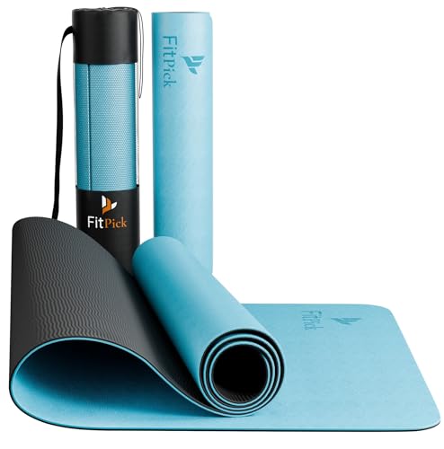 Image of FIT PICK Pro Yoga Mat for Women & Men | High Density TPE Yoga Mat with 6mm Cushion | Non-Toxic, Sweat-Resistant & Double Sided Anti-Slip Exercise Mat | Lightweight & Portable with Carry Bag (Ocean Noir)
