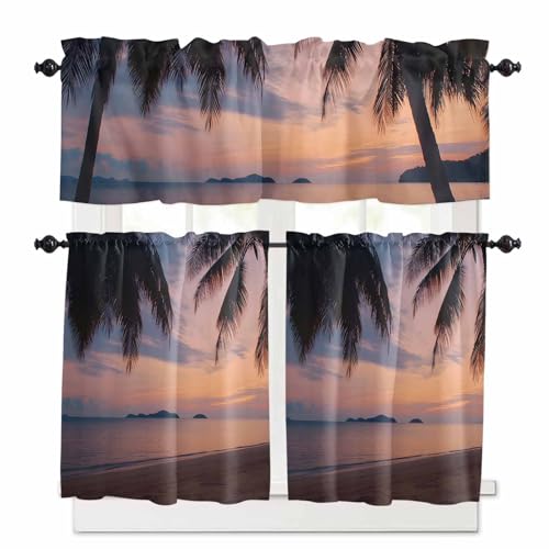 Sunset Summer Kitchen Curtains 36 Inch Length, 3 Piece Rod Pocket Small Half Tiers and Valance Set, Seasides Palm Tree Leaves Scene Small Large Window Treatment Decor for Bedroom/Bathroom Sink