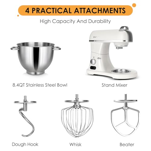 Image of ZACME 8.4QT Commercial Stand Mixer 800W with Aluminum Die Casting Meets the Standard of NSF /ANSI 8-2023, Mixers Kitchen Electric Stand Mixer with Stainless Steel 8L Bowl, Dough Hook, Whisk and Beater
