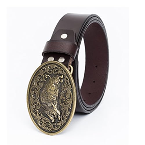 Unisex Leather Belt - Vintage Wild Boar Pattern Engraved Print Western Buckle3