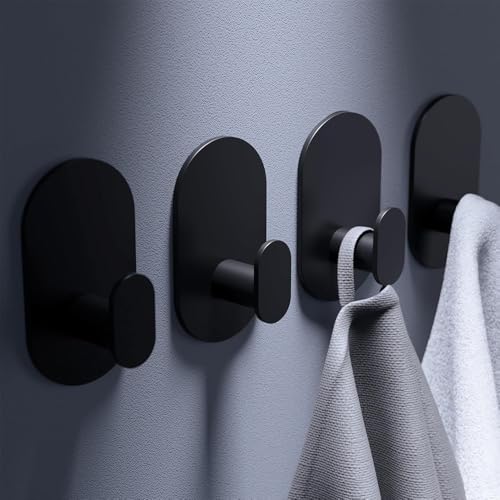 Black Command Hooks, 4 Pack Self Adhesive Wall Hooks for Hanging Coats, Towels, and Robes, Matte Stainless Steel, No Drill