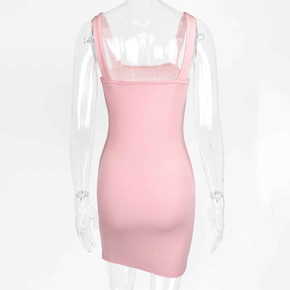 Spaghetti Strap Dress for Women Summer Sleeveless Dress Square Neck Split Hem Bodycon Party Club Dresses