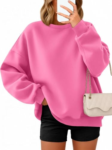 Timuspo Bluza damska, oversize, podstawowy pulower z długim rękawem, polar, okrągły dekolt, sweter damski, długi rękaw, sportowa, odzież uliczna, jesienno-zimowa bluza, różowa, XXL