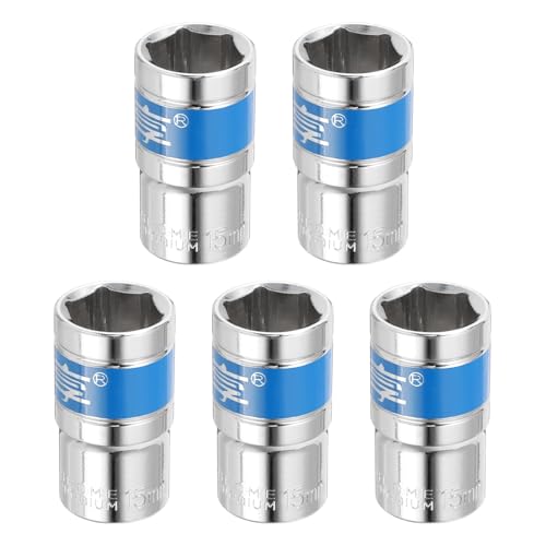 QUARKZMAN 5 Enchufe de Impacto de 1/2 y 6 Puntas, Métricos de 15 mm, Poco Profundo, Llave de Vaso Eléctrica de Vaso Poco Profundo para Reparación Mecánica de Automóviles, Plateado y Azul