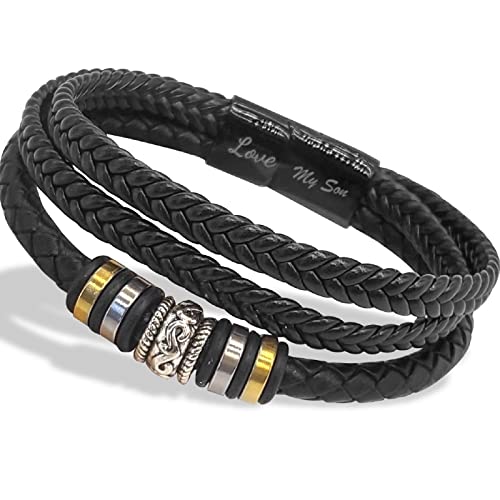 To My Son Braided Leather Bracelet- \"Love You Forever\" Bracelet for Men Boys, Stainless Steel Inspirational Wristband, Braided Leather Bracelet Bangle Wristband Gifts for Him (To My Son)