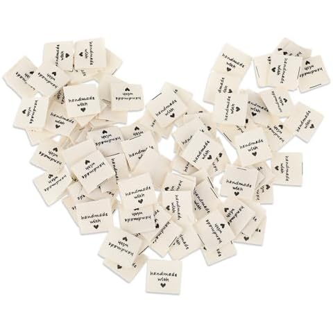 Jeffdad 100 Pcs Sewing Labels for Handmade Items, Handmade with Love Labels Embossed Tags Sew on Clothing, Fabric Labels for DIY Crafts Knitting Crocheting Sewing (Off White) Cover