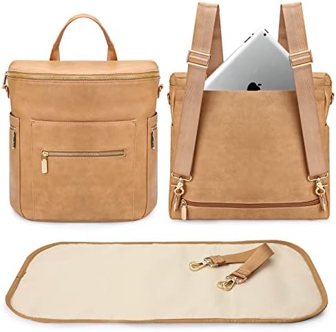 miss fong Diaper Bag Backpack Baby Diaper Bag, Large Leather Diaper Backpack with 16 Pockets Travel Diaper Bag with Diaper Changing Pad, Pañaleras Para Bebe for Moms(Convertible, Peanut)