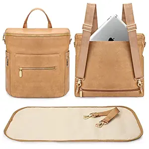 Miss Fong Diaper Bag Backpack for Babies and Moms, Large Leather Travel Diaper Bag with 16 Pockets and Changing Pad (Peanut)