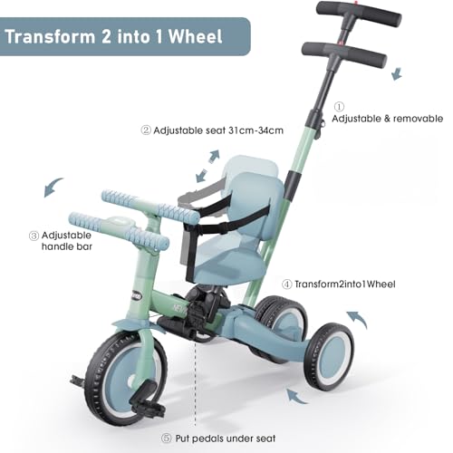 Image of newyoo Toddler Tricycle with Push Handle for 1-3 Year Old, Toddler Bike, Birthday Gifts and Toys for Boys and Girls, 5 in 1 Kids Trike, Convert to Baby Balance Bike, Green, TR007