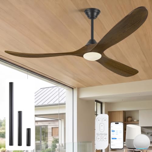60 Inch Outdoor Ceiling Fan with Light, Smart Ceiling Fans with Wifi Alexa/Remote/APP Control, 3 Walnut Wood Propeller Blade, Rustic Farmhouse, Quiet DC Motor, Damp Rated Ceiling Fan for Patios Garage