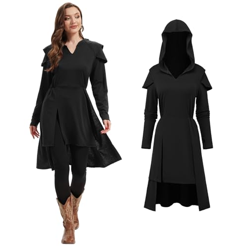 FSUJWOA Renaissance Kostüm Damen Mittelalter Vintage Kapuzen kleid Gothic Kapuzen robe Halloween Cosplay (Schwarz, XL)
