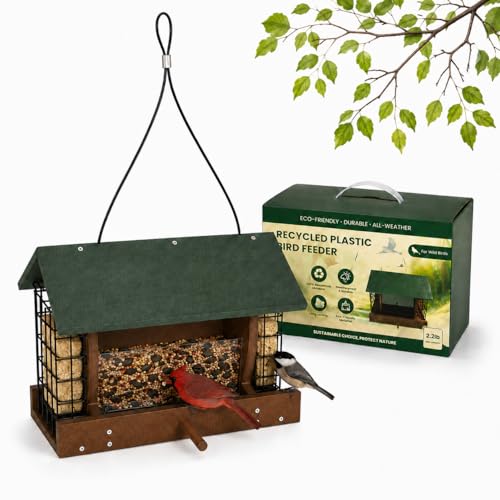 Hopper Bird Feeder with Suet Cages, All Weather Hanging Bird Feeders for Outdoors Wild Birds, HDPE Recycled Plastic Bird Feeder for Cardinals Finch Chickadees Woodpeckers, Backyard Garden Decor