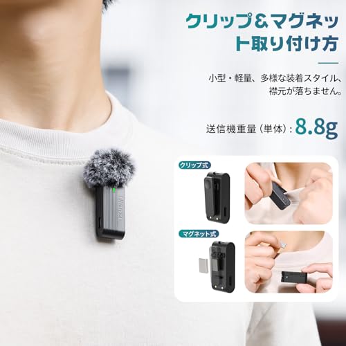 Ulanzi A100 ワイヤレスマイク ピンマイク スマホ外付けマイク 360°集音 ノイズキャンセリング 2人同時使用可能 充電ケース付き 2.4GHz 20m伝送距離 マグネット&クリップ式 13.5時間連続収音 収納充電ケース付き 自動ペアリング APPとBluetooth不要 小型軽量 Vlog撮影 インタビュー 生放送等適用