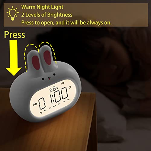 Rabbit Digital Alarm Clock With Weekday/7-Day Mode, Cute Design, Snooze, Easy Setting, Adjustable Dimmer Night Light And Volume, Thermometer, Rechargeable, For Bedroom, Bedside, Adult, Children, Kids #TOP3