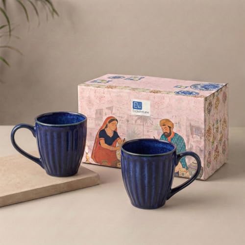 Image of ExclusiveLane 'Midnight Ribbed' Hand-Embossed Ceramic Coffee Mug Ceramic Mugs for Milk Chai Tea Cup (Set of 2, 260 ML, in Gift Box, Microwave Safe)