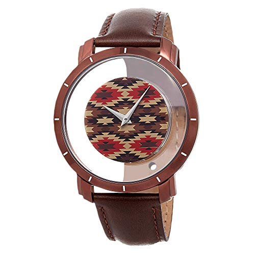 Akribos XXIV Men's Floating Dial Watch - Unique Colorful Navajo Pattern on Dial with Hidden Crown with Genuine Brown Calfskin Leather Strap - AK665