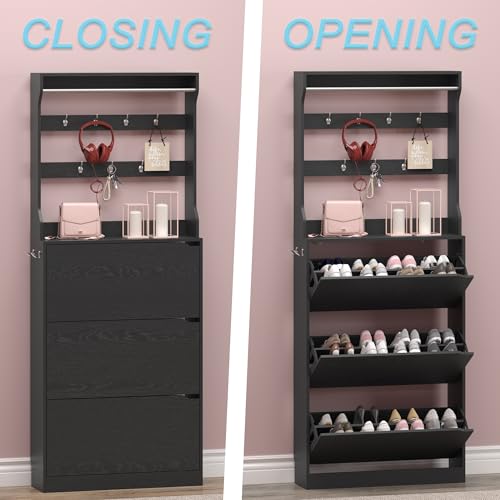 Shoe Cabinet with 3 Flip Drawers & Coat Rack, Narrow Hidden Shoe Storage Cabinet, 2-in-1 Hall Tree Slim Freestanding Shoe Rack Organizer for Entryway, Hallway, and Living Room
