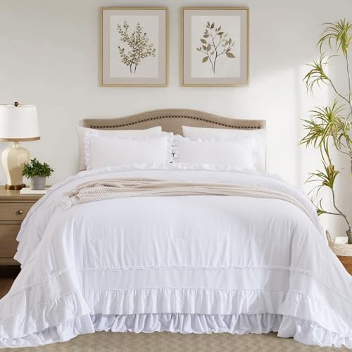 CozyTide Cotton Oversized King Comforter 128x120,White Shabby Boho Chic Farmhouse