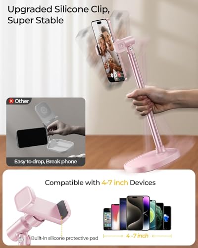 Image of DIMONCOAT Cell Phone Stand for Desk, Stocking Stuffers Gifts for Teens Girls Boys Adults,Phone Holder Angle Height Adjustable, Aluminum Alloy Universal iPhone Stand for iPhone 17 16 15 Pro Max -Pink