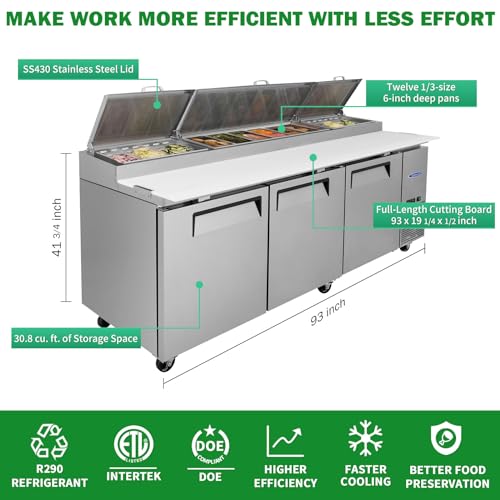 Image of Favfurish Commercial Pizza Prep Table,93 inch Workspace with a Built-in Refrigerator 11 Cu.Ft and Cutting Board and Protection Lid,Cold Storage,ETL Certified,12 Pans Up for Restaurant,Bar,Shop,Silver