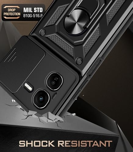 Image of SPAZY CASE Plastic Iqoo Z9X 5G Back Cover|Heavy Duty Hybrid Case with 360 Degree Rotating Finger Ring Holder + Slider Shutter Camera Protection Case for Iqoo Z9X 5G 5G-Black