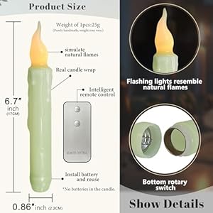 Green Flameless Short Taper Candles, Real Wax Hand Dipped LED Battery Operated with Remote, Flickering Flame Lights for Festival Party Home Décor, 6.7 Inch Primitive Flameless Candles, 4PCS Green Flameless Short Taper Candles Real Wax Hand Dipped LED Battery Operated with Remote Flickering Flame Lights for Festival Party Home Decor 67 Inch Primitive Flameless Candles 4PCS