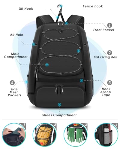 BROTOU Baseball Bag, Softball Bag for Baseball Gear & T-Ball Bat, Baseball Backpack with Shoes Compartment for Men/Women (Black)