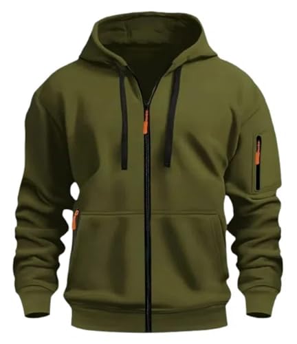 Image of MakingDa Men's Zipped Hoodie Pullover Pockets Long Sleeve Zip-Up Cuffed Shirts Hoody Fleece Solid Regular Fit Casual Hooded Sweatshirt Tops Dark Green XXL