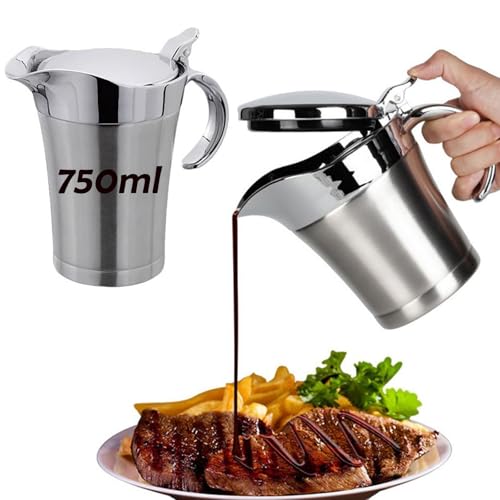 Gravy Boat,Stainless Steel Gravy Boat,Double Sauce Jug with Lid Keeps Food Warm,Thermos Jug Insulated Gravy Jugs for Gravy,Custard,Cream,Sauce,Dishwasher Safe, Dinner Party (750ml)