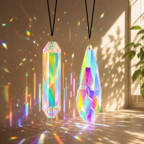 Sun Catcher for Windows, 2 Pack Crystal Suncatchers for Windows, Iridescent Rainbow Maker Prism Hanging Decor, Crystal Window Decor for Bedroom, Living Room