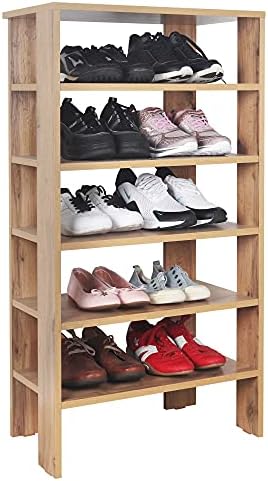 RICOO WM039-EP Shoe Rack Narrow and High 70 x 60 x 32 cm Standing Shelf Compressed Wood Oak White Shoe Rack with 3 Levels Open Shoe Rack Hallway Shoe Rack Small Shoe Racks