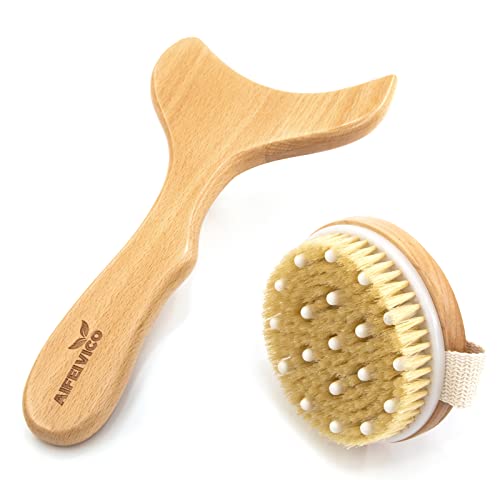 AIFEIVICO Lymphatic Drainage Paddle & Dry Brushing Body Brush, Wood Body Gua Sha Tool with Dry Skin Brush, Lymphatic Massage Paddle for Anti Cellulite - Body Shaping Contouring Sculpting