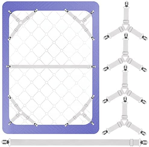 Bed Sheet Holder Straps, 4+1 PCS, Triangle Adjustable Elastic Fitted Sheet Clips, 3 Way Sheets Corner Straps Grippers Fasteners Suspenders Heavy Duty for Bedding Sheets, Mattress Covers, Sofa Cushion